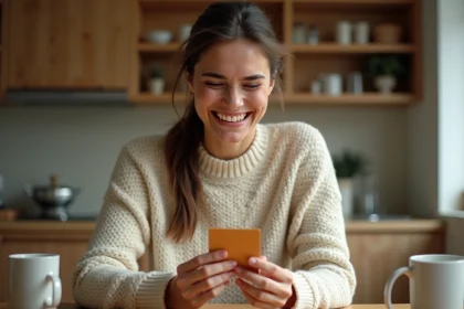 Femme émue tenant une carte à gratter annonce grossesse personnalisée à la maison