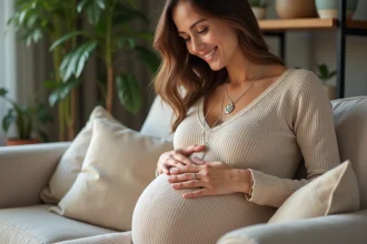 Femme enceinte avec collier bola argenté dans un salon chaleureux