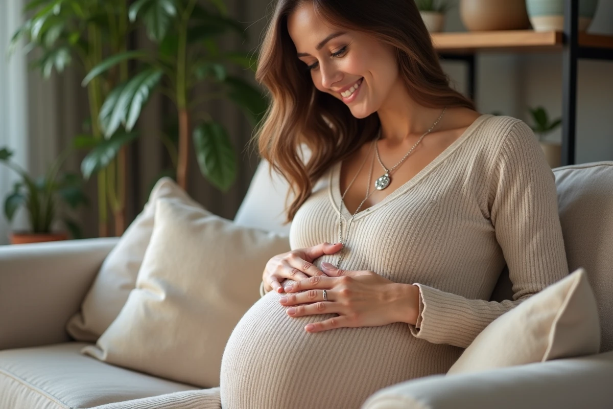 Femme enceinte avec collier bola argenté dans un salon chaleureux