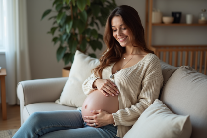 Femme enceinte souriante avec collier bola dans un salon chaleureux