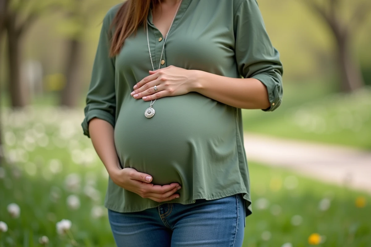 Jeune femme enceinte dans un parc en fleurs avec collier bola