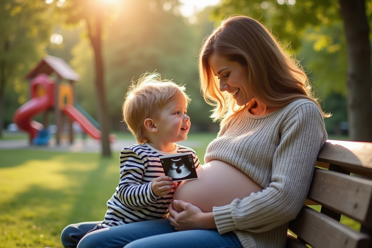 Femme enceinte avec son fils regardant l