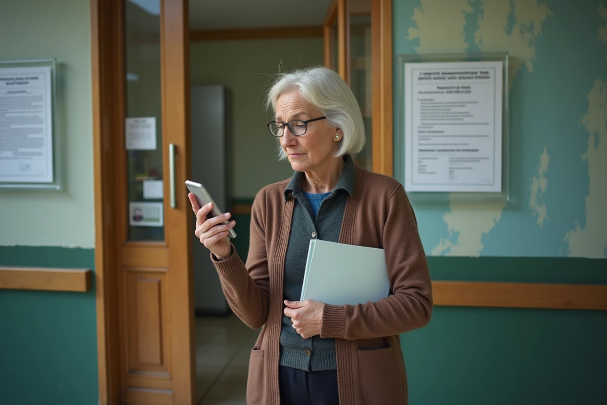 Femme âgée vérifiant son téléphone devant un panneau d annonces