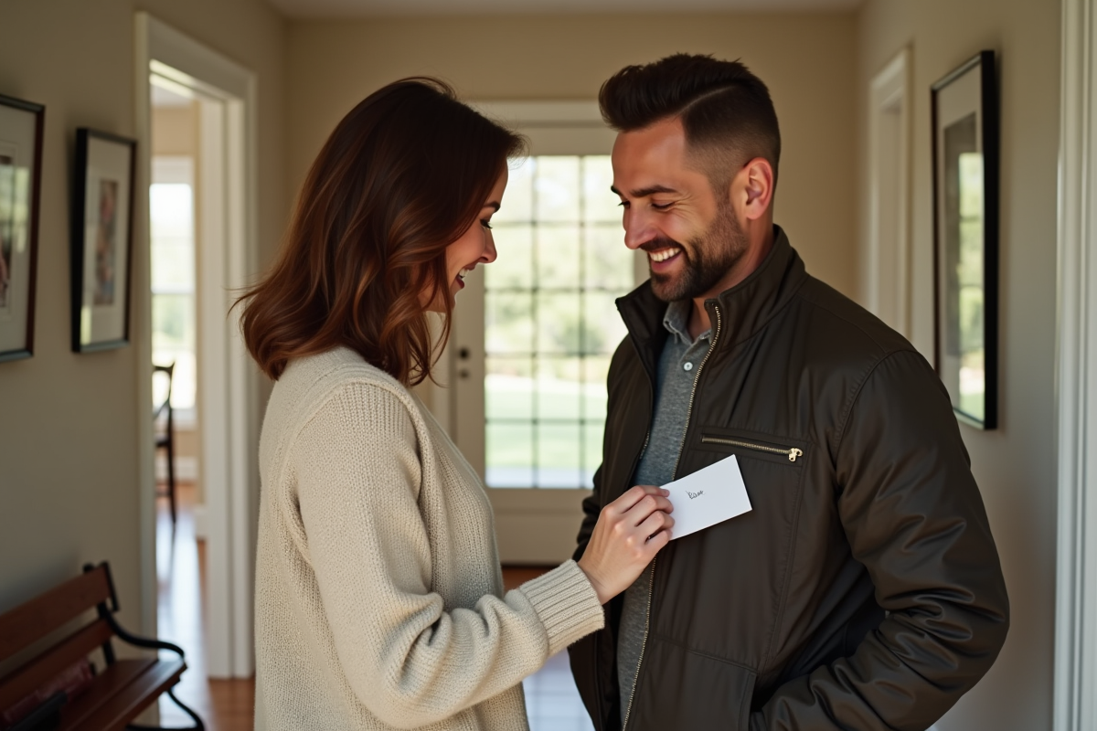 Femme glissant une note dans la poche de son mari à l