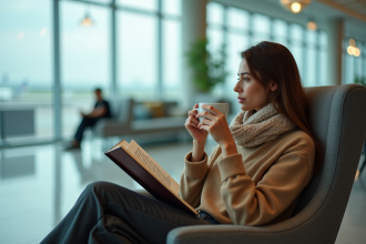 Femme détendue dans un lounge aéroport avec thé et guide