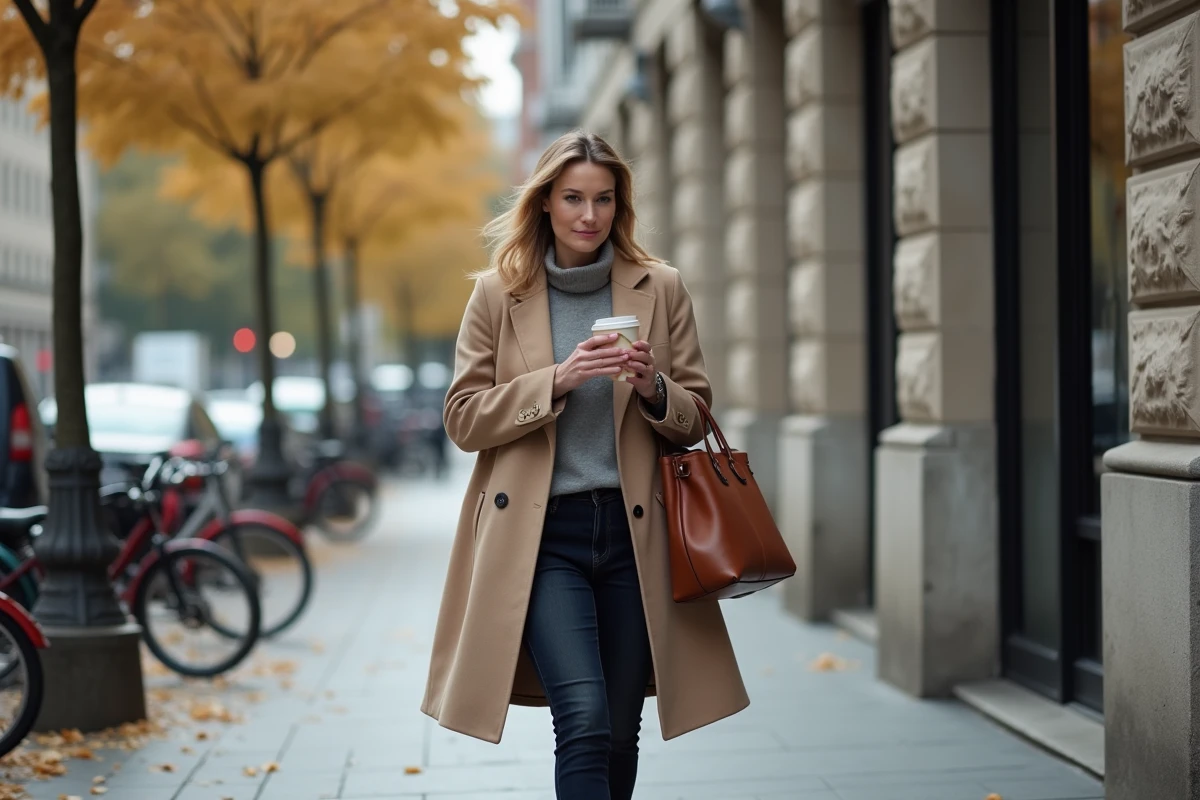 Femme de médias marchant dans une rue urbaine européenne en automne, illustrant la tension entre carrière journalistique et espace personnel