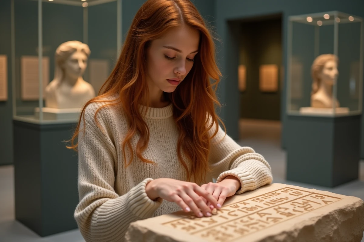 Jeune femme observant une inscription ancienne liée aux origines du prénom Noah dans un musée