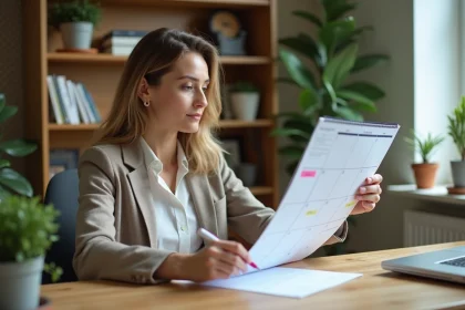 Femme concentrée à son bureau à domicile avec calendrier