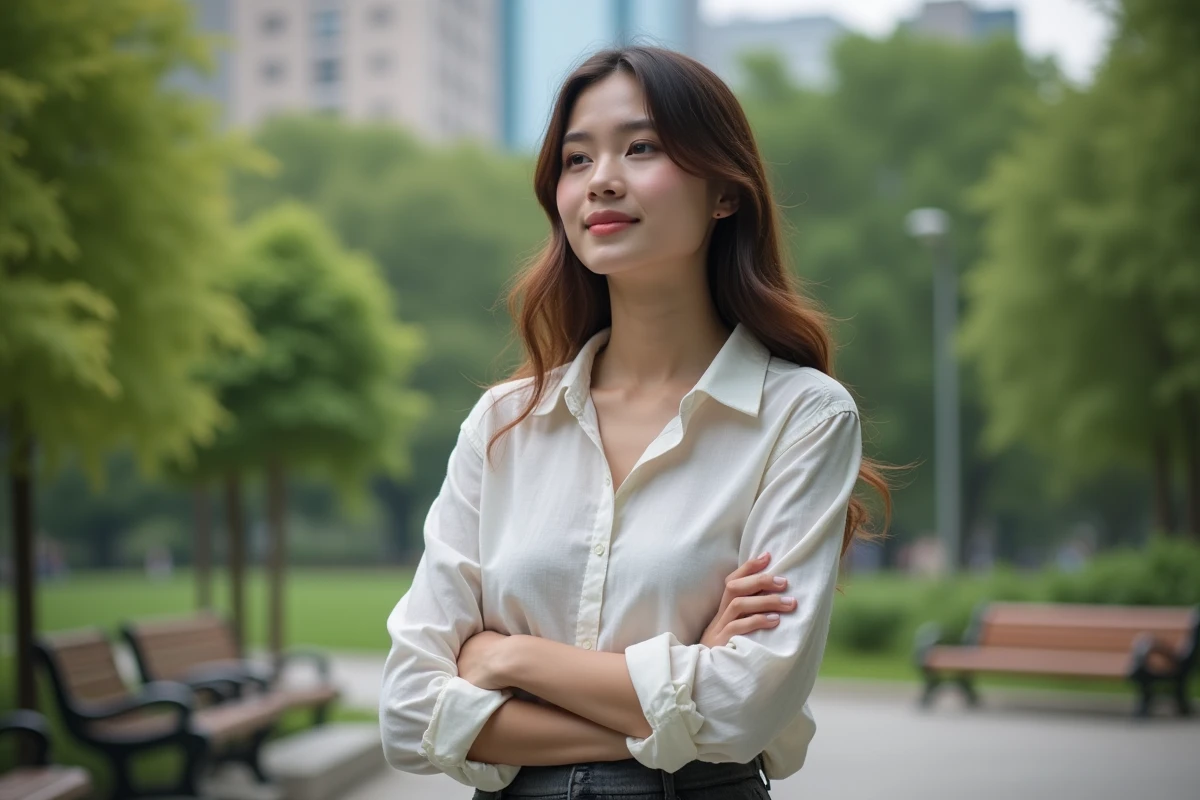 Jeune femme dans un parc urbain calme et verdoyant