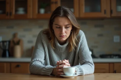 Femme pensive assise seule à une table de cuisine, mains croisées, regard baissé, évoquant le poids d'un secret amoureux difficile à avouer