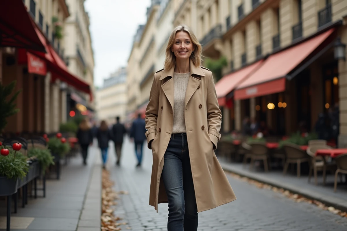Femme professionnelle marchant dans une rue parisienne en trench coat beige, scène de vie quotidienne évoquant la curiosité pour la vie privée d'une figure publique