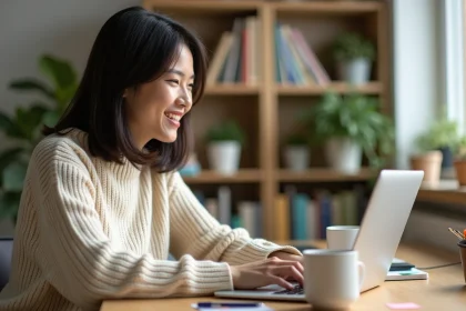 Femme souriante cherchant des cartes animées gratuites d'anniversaire sur son ordinateur portable depuis son bureau à domicile