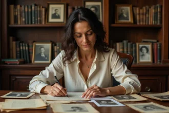 Femme d'origine française examinant des photos de famille anciennes et documents généalogiques sur un bureau en bois antique