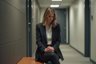 Femme assise dans un couloir de bureau contemplant ses mains