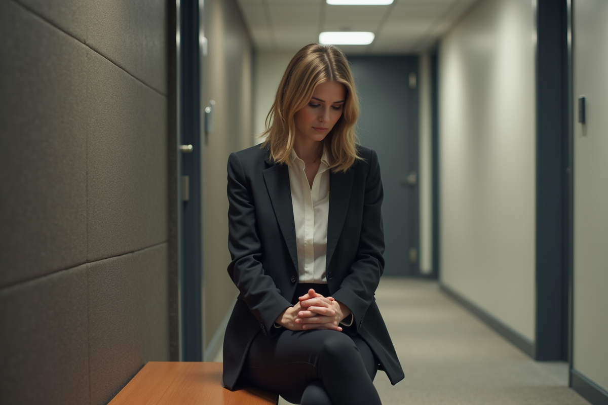 Femme assise dans un couloir de bureau contemplant ses mains
