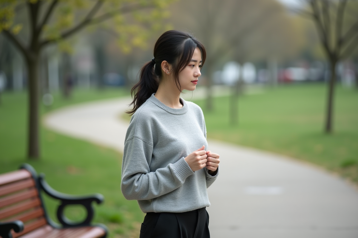 Jeune femme en extérieur en pleine réflexion dans un parc