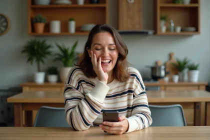 Femme qui rit en lisant un SMS d'anniversaire drôle sur son smartphone dans une cuisine
