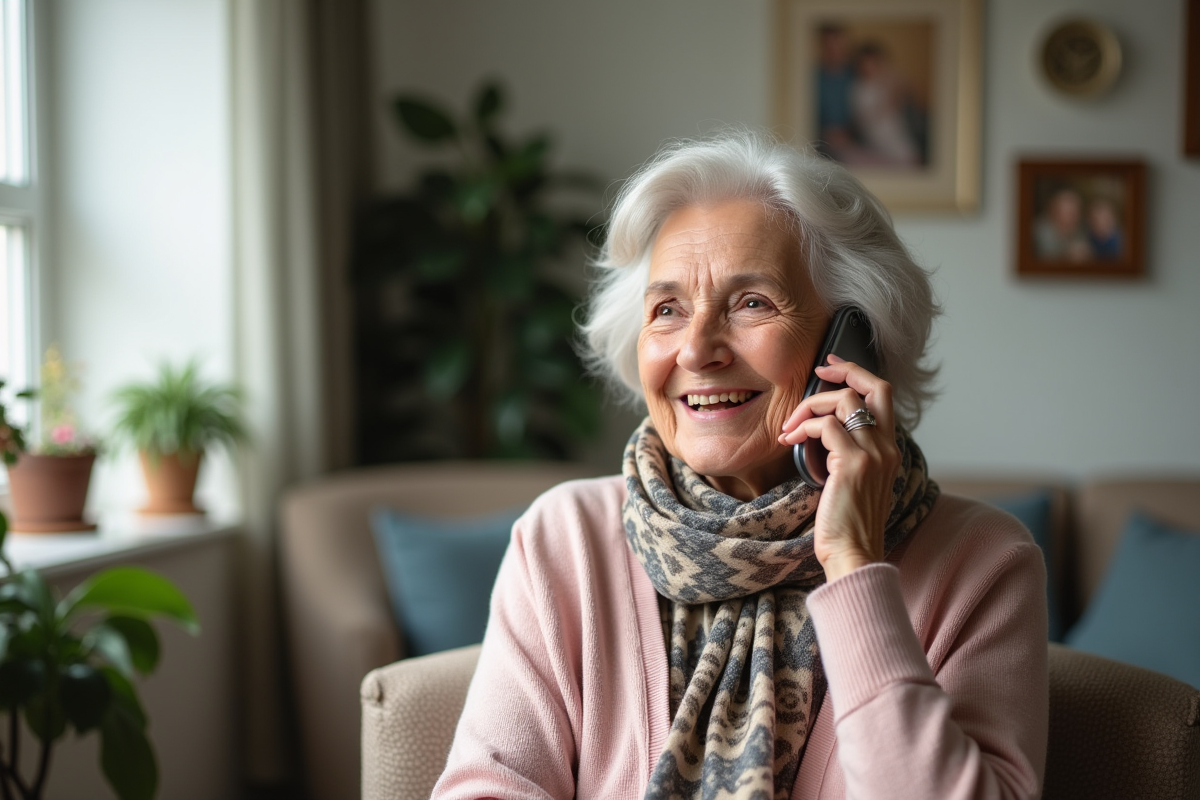 Femme âgée souriante parlant au téléphone dans un salon