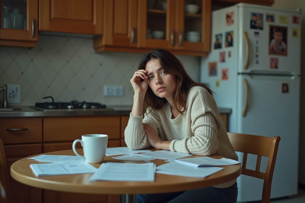 Jeune femme seule à la cuisine avec papiers et tasse
