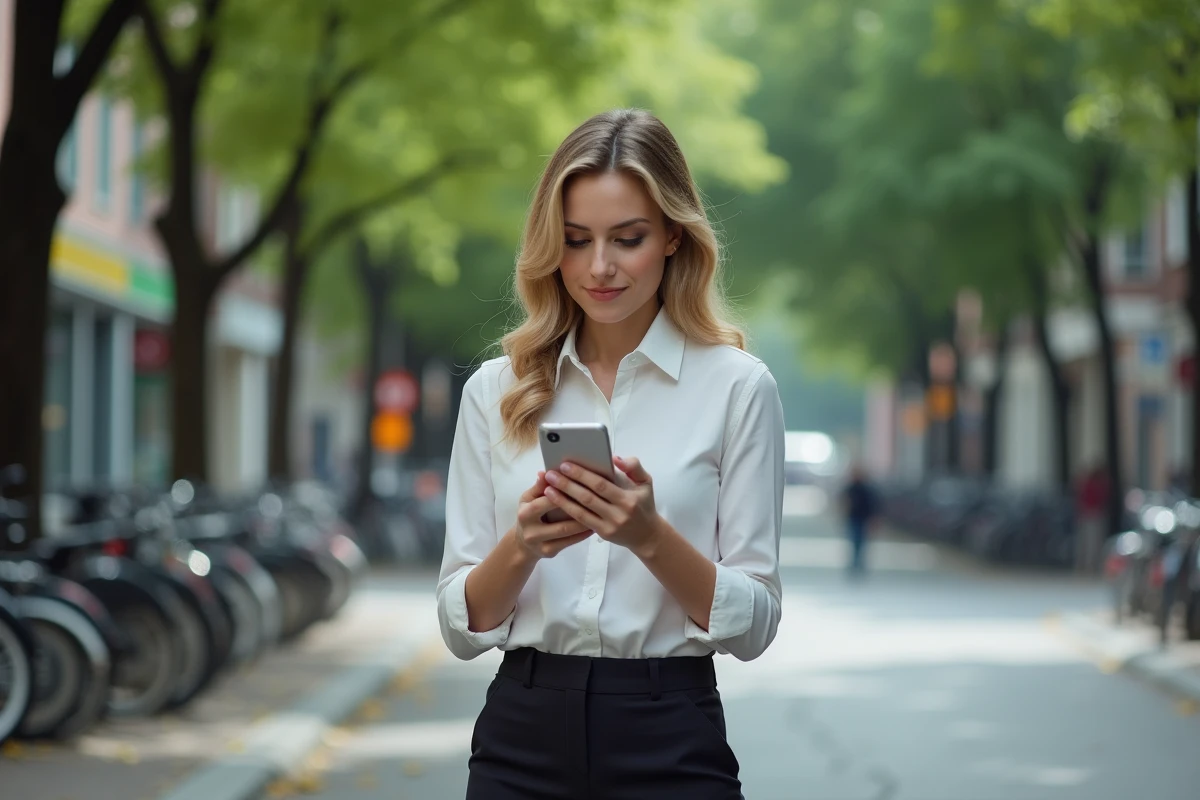 Femme lisant sur son smartphone dans une rue urbaine