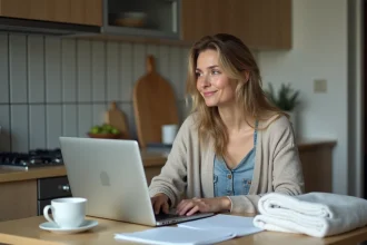 Femme assise à la cuisine avec ordinateur et papiers