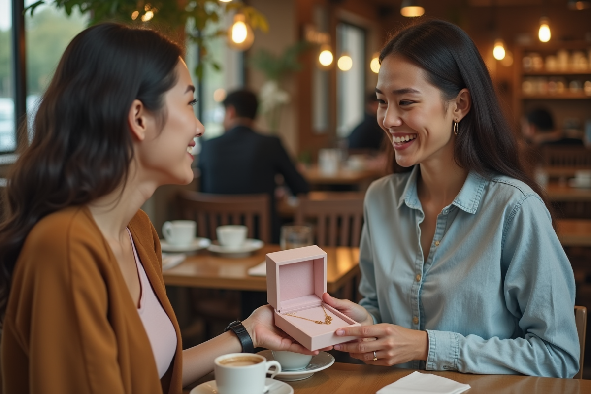 Deux femmes dans un café partageant un collier bola dans une boîte