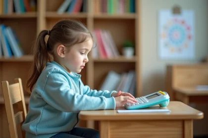 Jeune fille de 10 ans utilisant une machine à écrire pour enfants