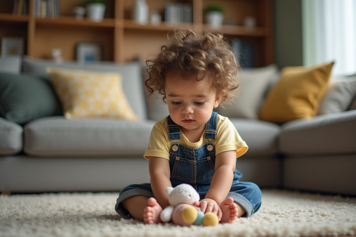 Fille de deux ans regardant un jouet en peluche tomber