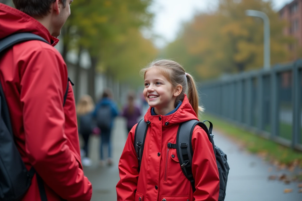 Fille avec GPS près de l école en compagnie d une adulte