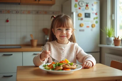 Jeune fille souriante avec repas de légumes colorés