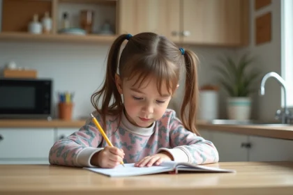Jeune fille française concentrée sur ses devoirs à la maison