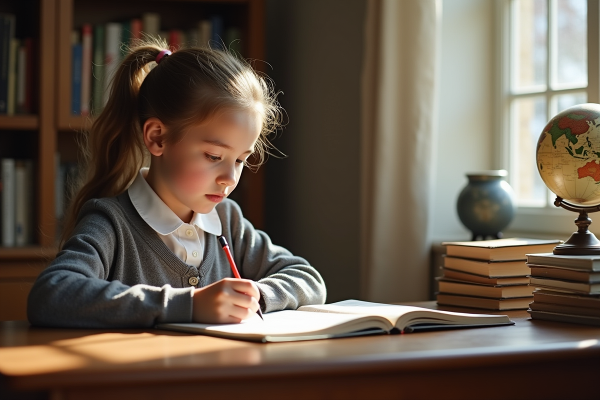 Fille concentrée à lire et écrire dans son bureau