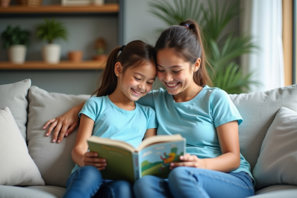 Jeune fille et sa mère lisant un livre illustré ensemble