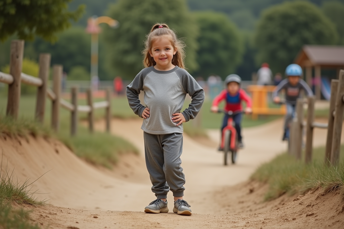Fille de 8 ans regardant les enfants sur le circuit de terre
