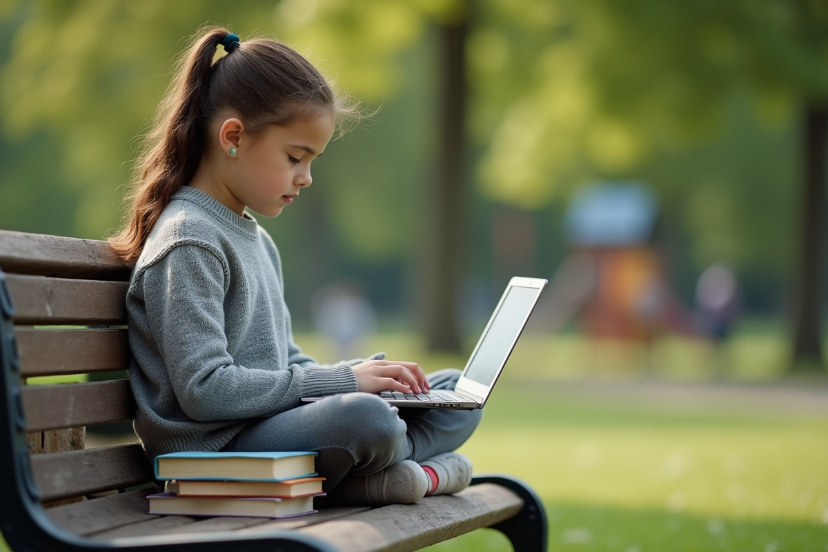 Fille preteen assise sur un banc dans un parc avec un ordinateur portable