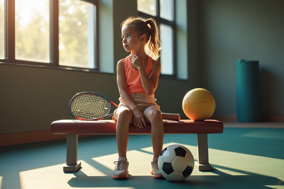 Fille pensante assise sur un banc avec équipement sportif intérieur