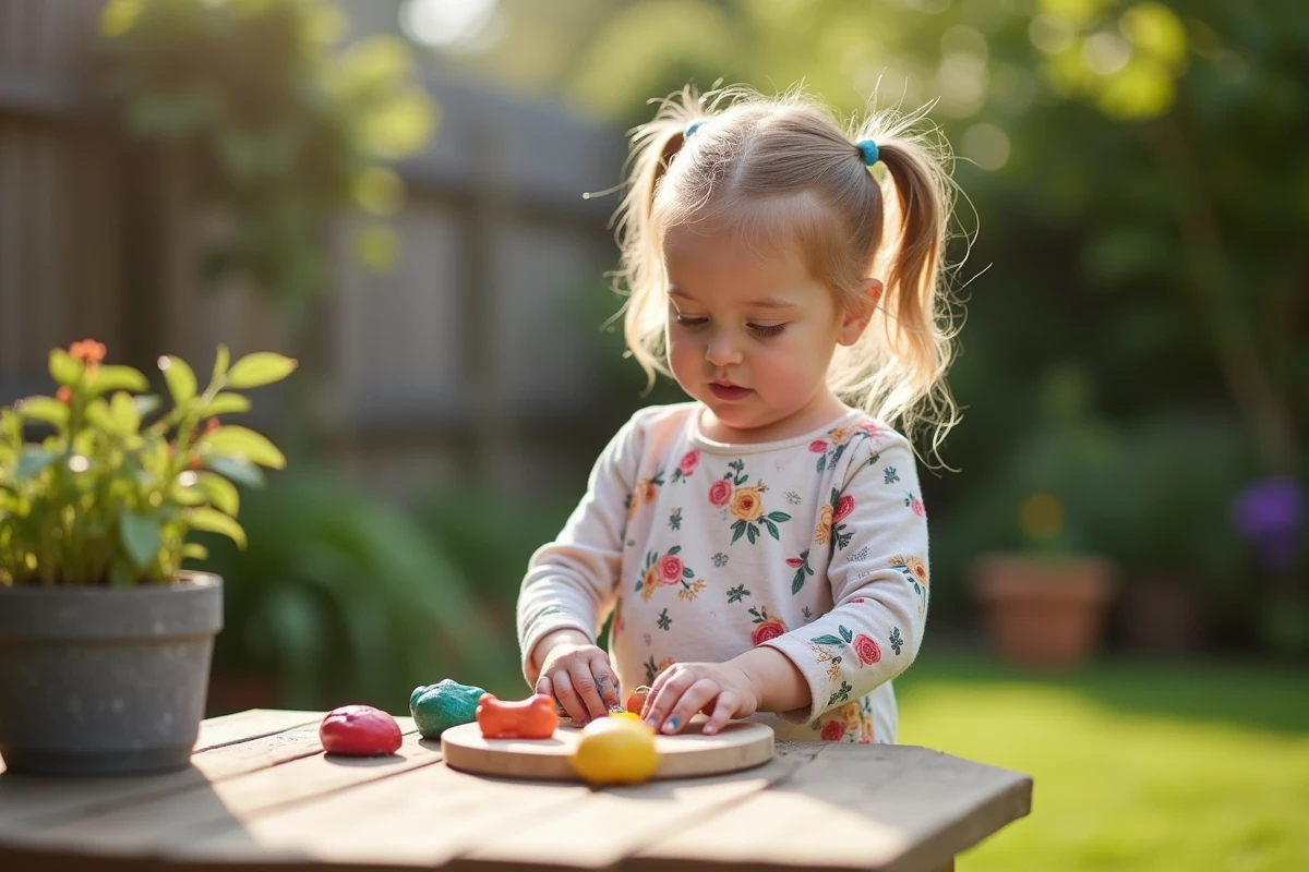 Fillette de 4 ans modelant de la pâte à modeler colorée à une table de jardin, activité créative et apaisante pour canaliser l'énergie des jeunes enfants