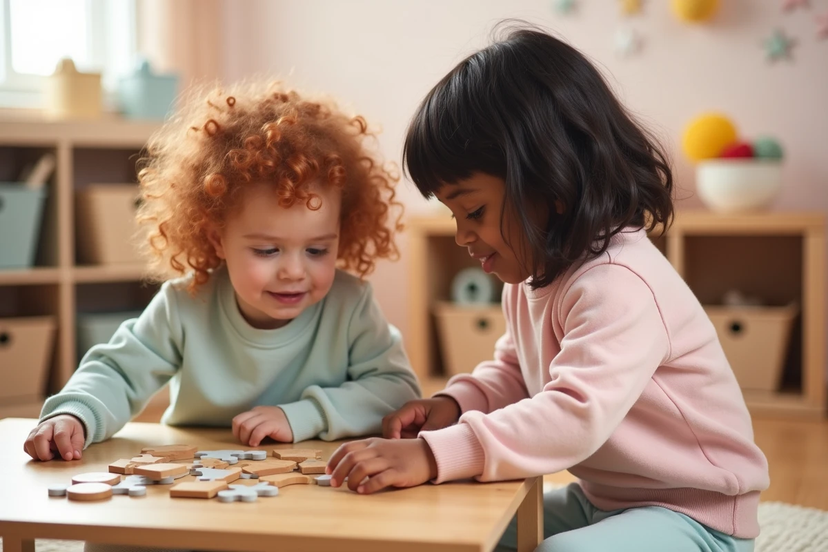 Deux fillettes de 4 ans jouant ensemble à un puzzle en bois dans une salle de jeux rangée, activité calme favorisant la coopération sans conflits