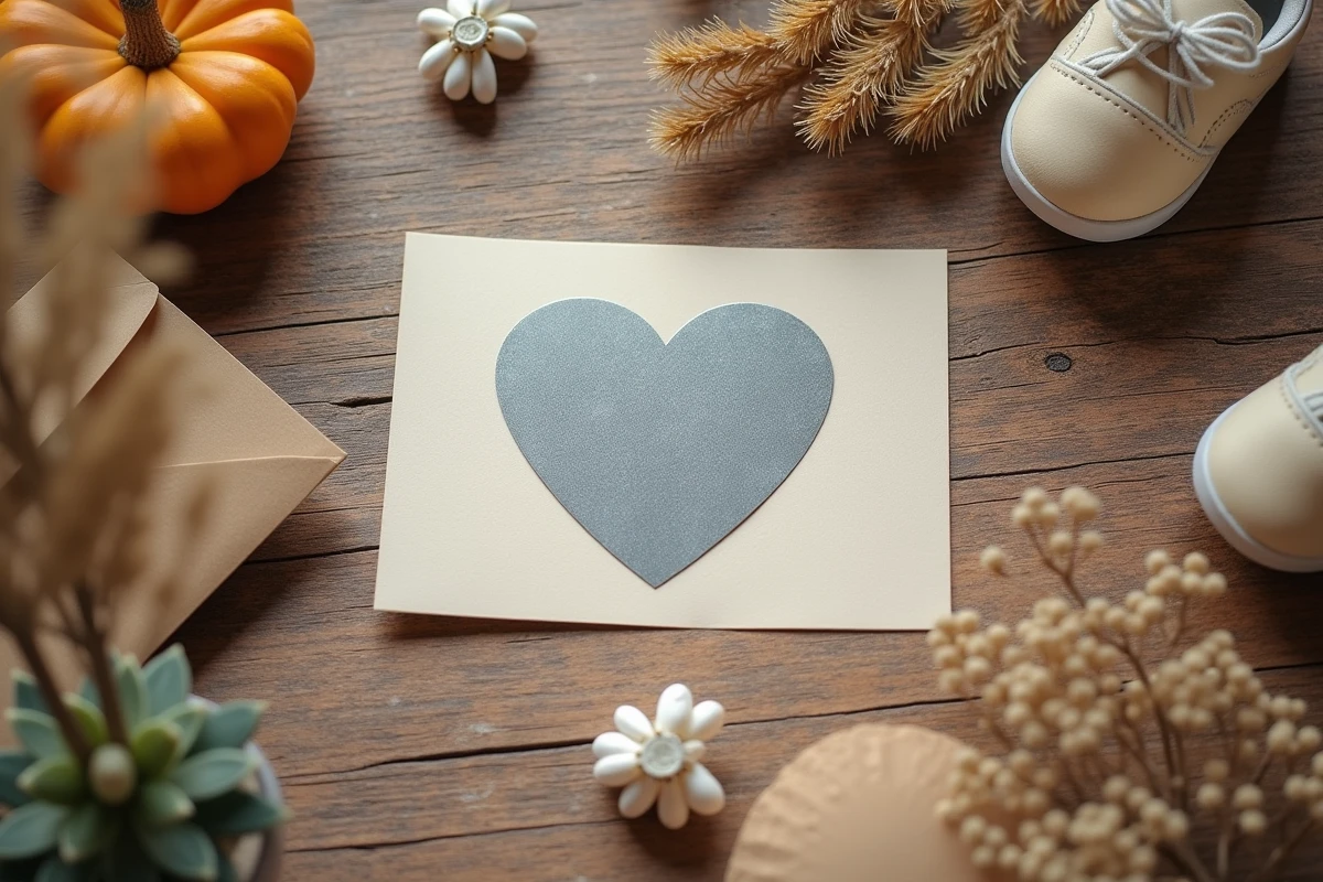 Carte à gratter grossesse personnalisée en flat lay avec accessoires bébé sur bois rustique