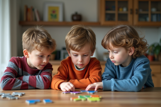 Trois freres autour d'une table en famille