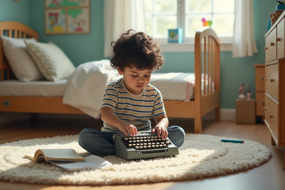 Garçon de 8 ans écrivant sur une machine à écrire dans sa chambre