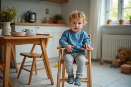 Garçon de deux ans jouant avec un bloc coloré dans la cuisine