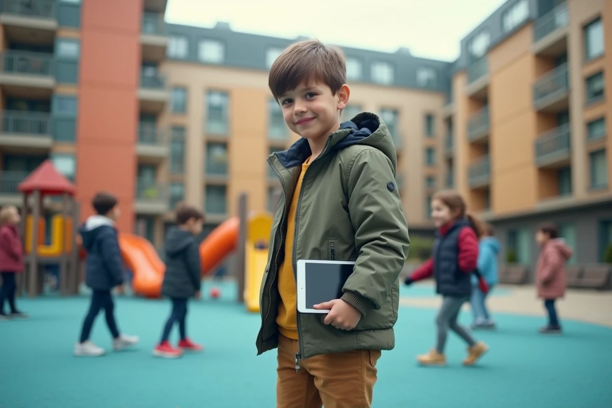 Garçon français souriant jouant dans un parc urbain