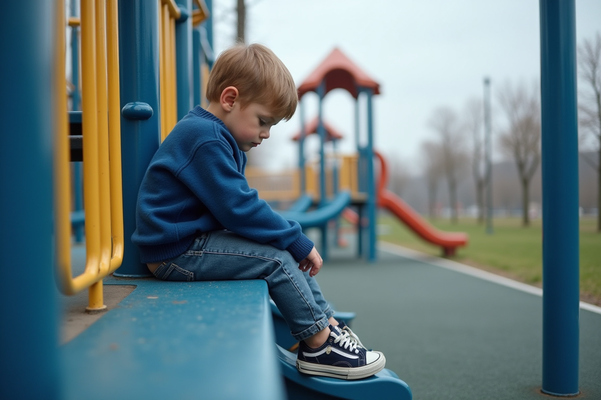 Garçon assis seul sur une structure de jeu dans une aire de jeux