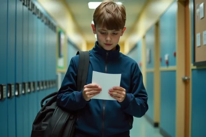 Garçon en tenue de sport tenant une note d'absence dans un couloir scolaire