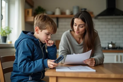 Garçon avec GPS à la cuisine lumineuse en famille