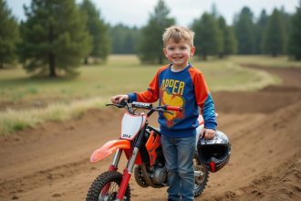 Garçon de 10 ans souriant en motocross avec casque et petite moto