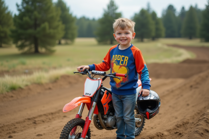 Garçon de 10 ans souriant en motocross avec casque et petite moto