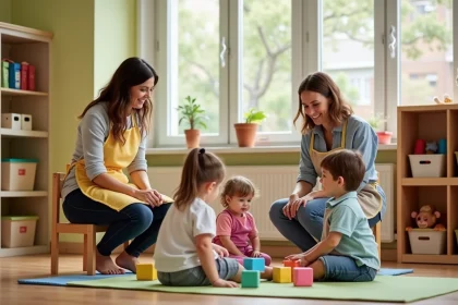 Éducatrices en garderie halte jouant avec des tout-petits dans une salle colorée et accueillante
