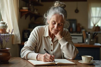 Grand-mère écrivant dans un journal en cuir à une table de cuisine vintage, entourée d'objets nostalgiques comme une tasse en céramique et de la lavande séchée